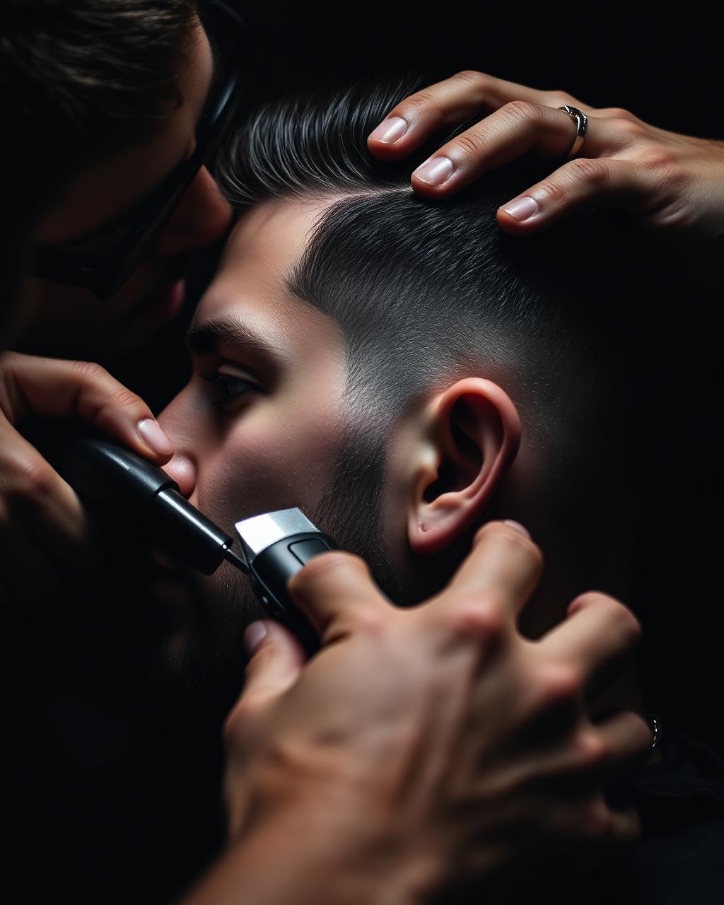 Barber cutting a precision fade at LUXE Barbershop
