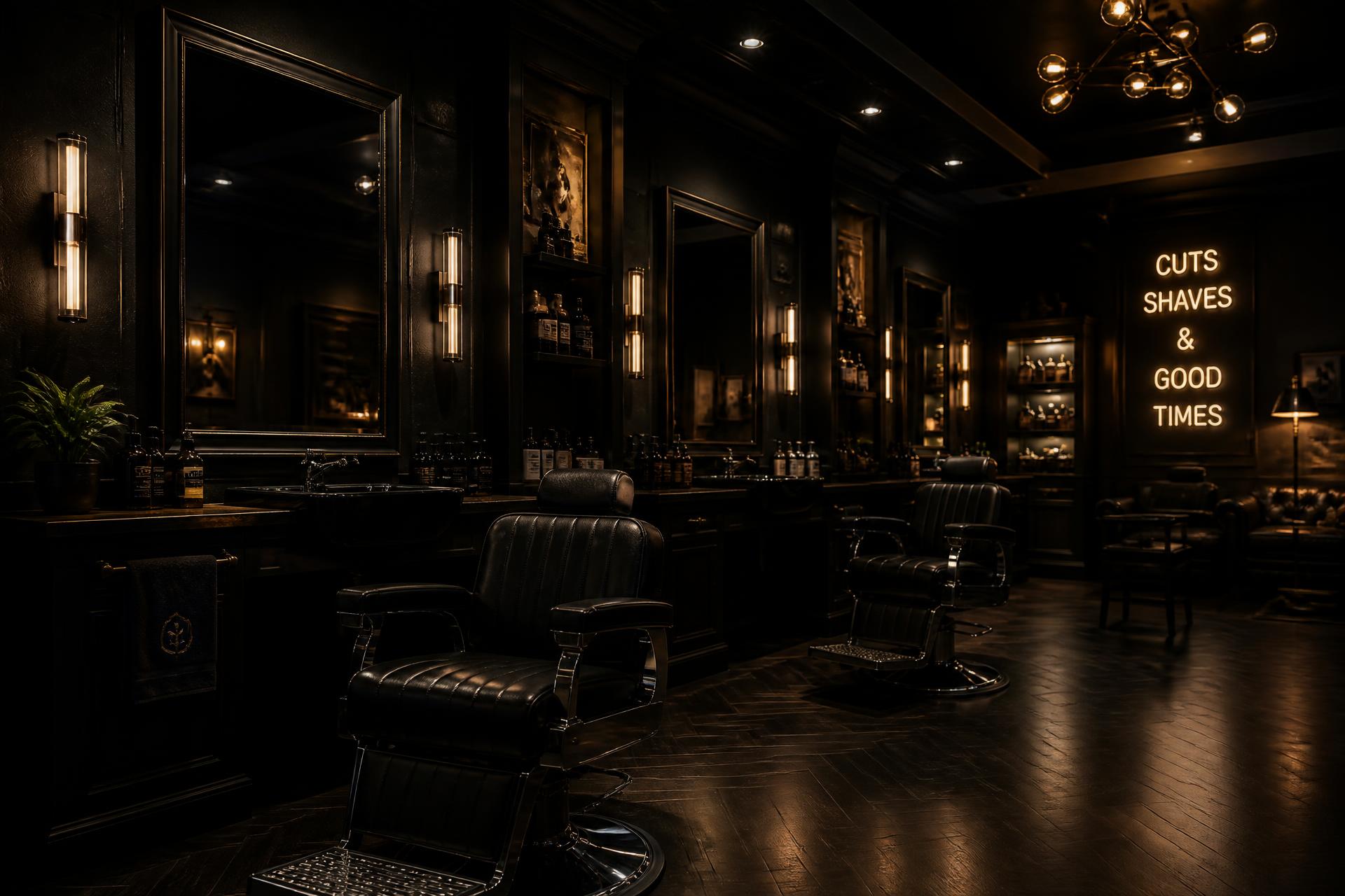 Interior of LUXE Barbershop in Addison, Illinois with black walls and gold lighting