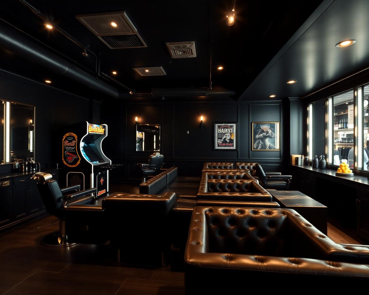 Lounge and game room at LUXE Barbershop