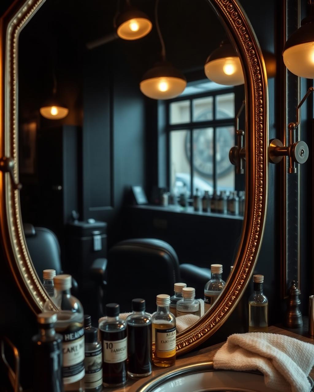 Barber station with gold framed mirror